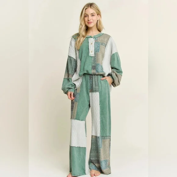 #1057 J Her Mineral Washed Bandana Patchwork + Sweater Pant SET - Picture 3 of 10